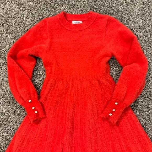 Arshiner Girls red Sweater Dress with lantern sleeves and pleated Twirl skirt - Picture 2 of 7
